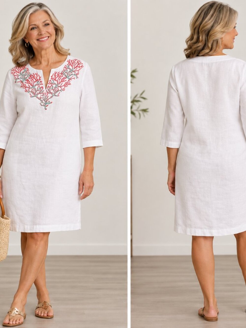 Talbots Sz S White Linen Embroidered Shift Dress Coastal Resort Quiet Luxury